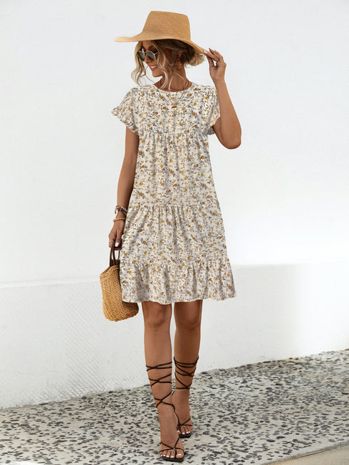 Frill Floral Round Neck Short Sleeve Tiered Dress - Odaingerous